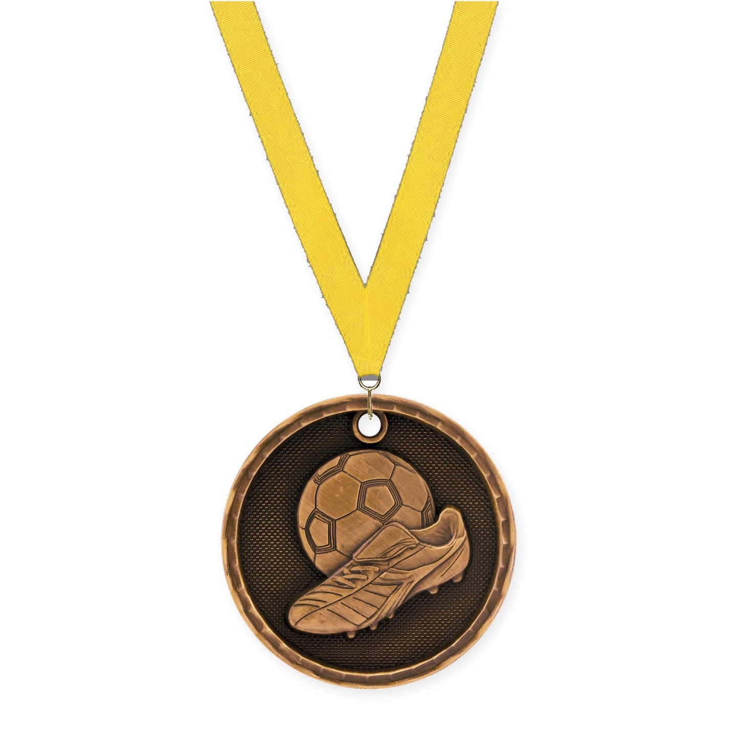 2 inch soccer 3-D medal in antique bronze with Yellow neck ribbon