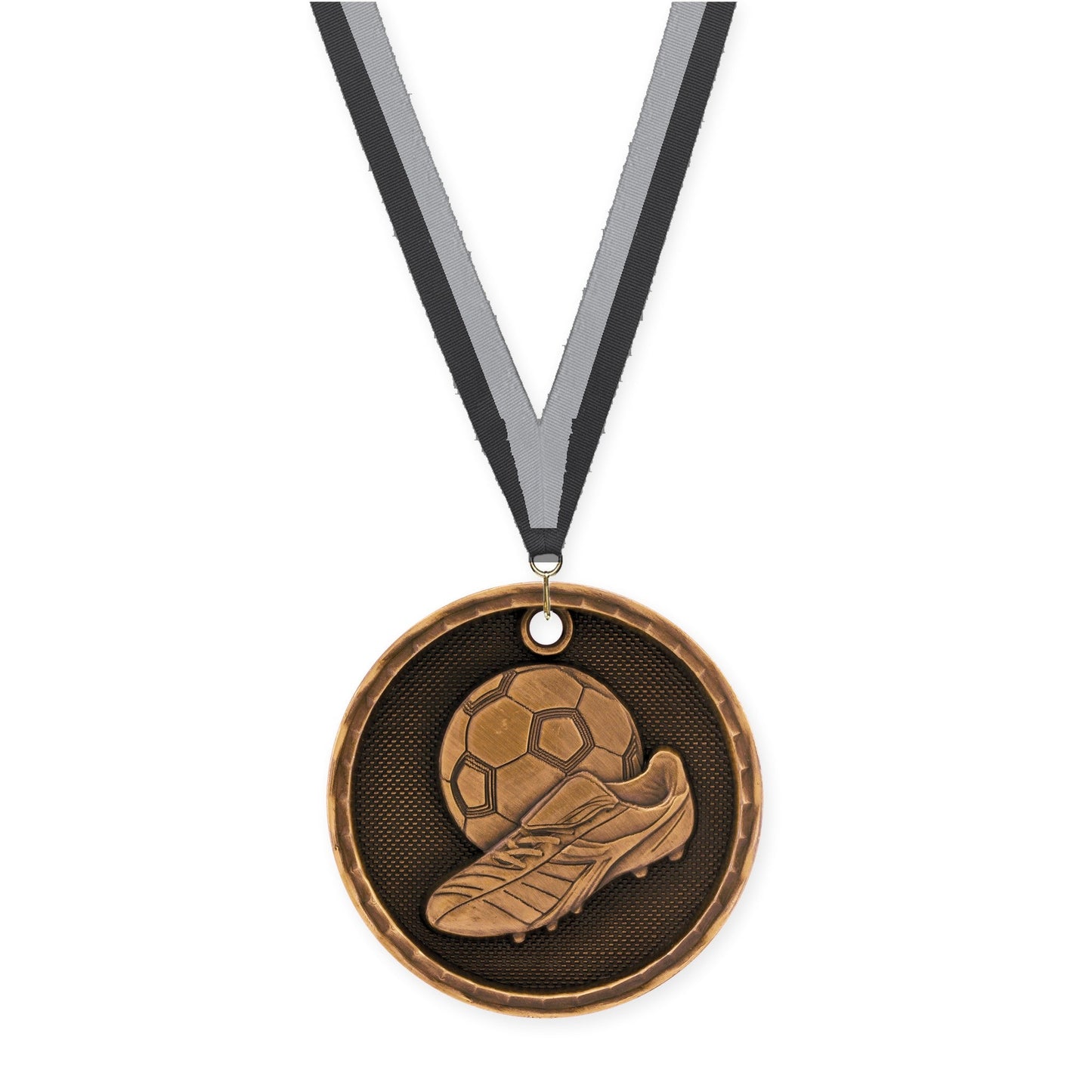 2 inch soccer 3-D medal in antique bronze with Black Gray neck ribbon