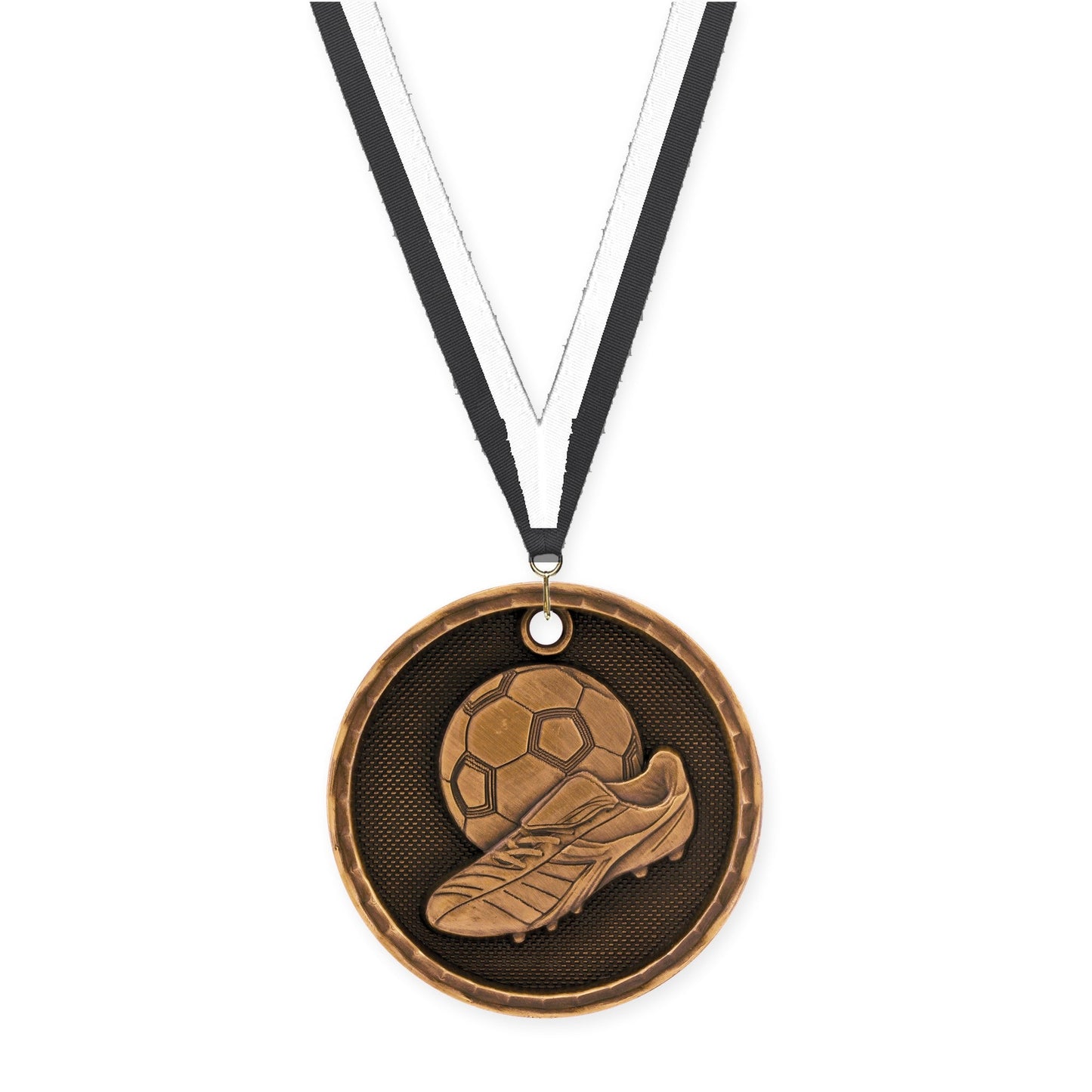 2 inch soccer 3-D medal in antique bronze with Black White neck ribbon