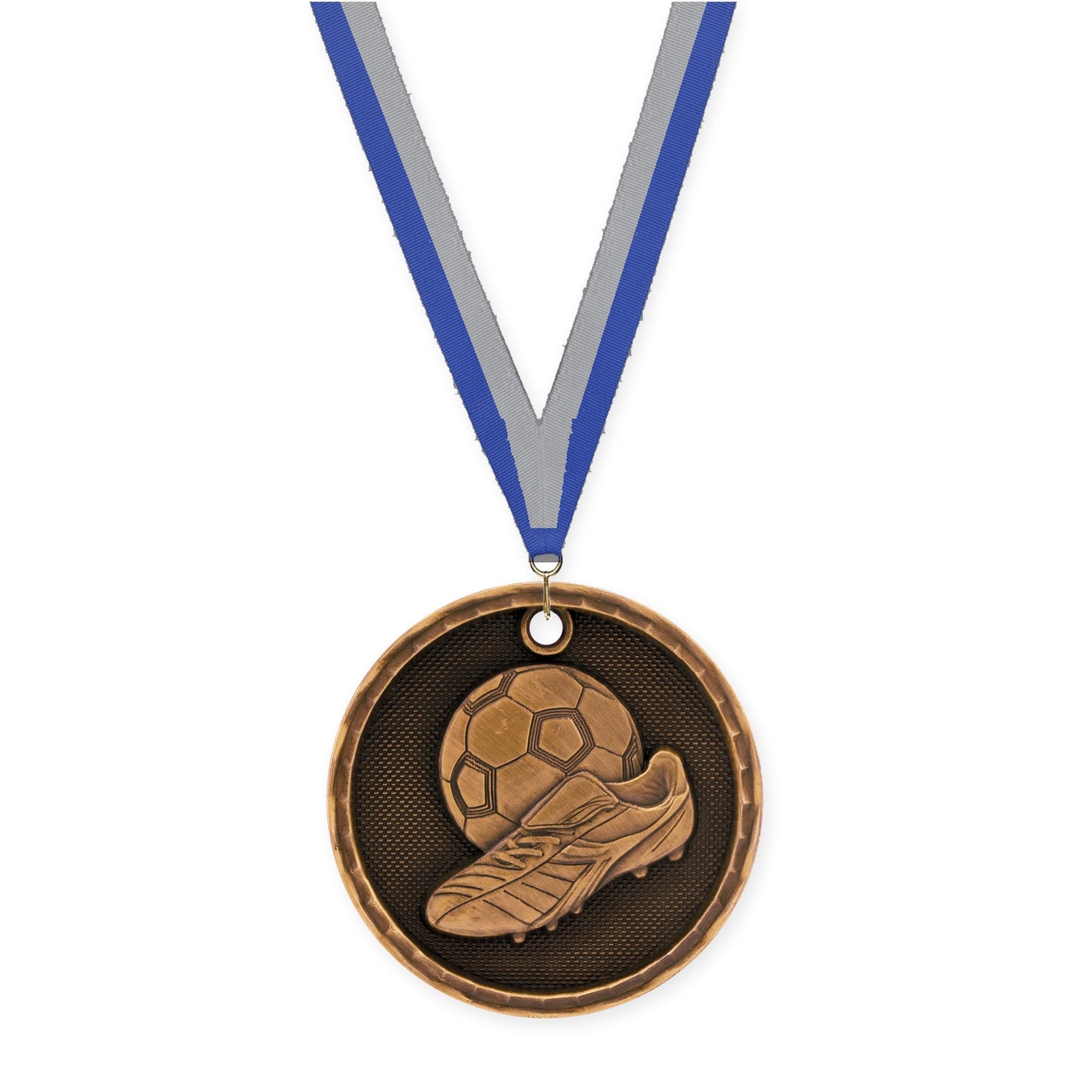 2 inch soccer 3-D medal in antique bronze with Blue Gray neck ribbon