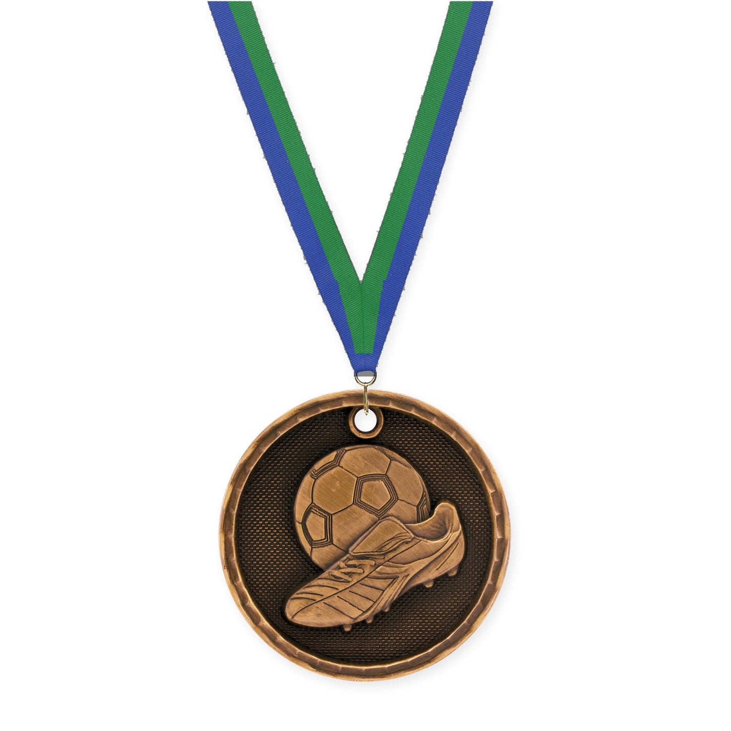 2 inch soccer 3-D medal in antique bronze with Blue Green neck ribbon