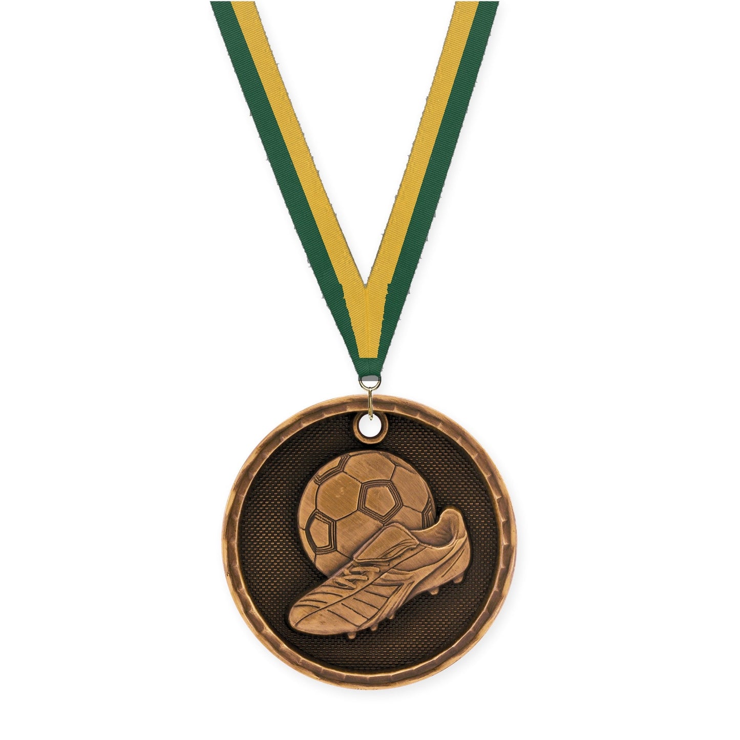 2 inch soccer 3-D medal in antique bronze with Hunter Green Gold neck ribbon
