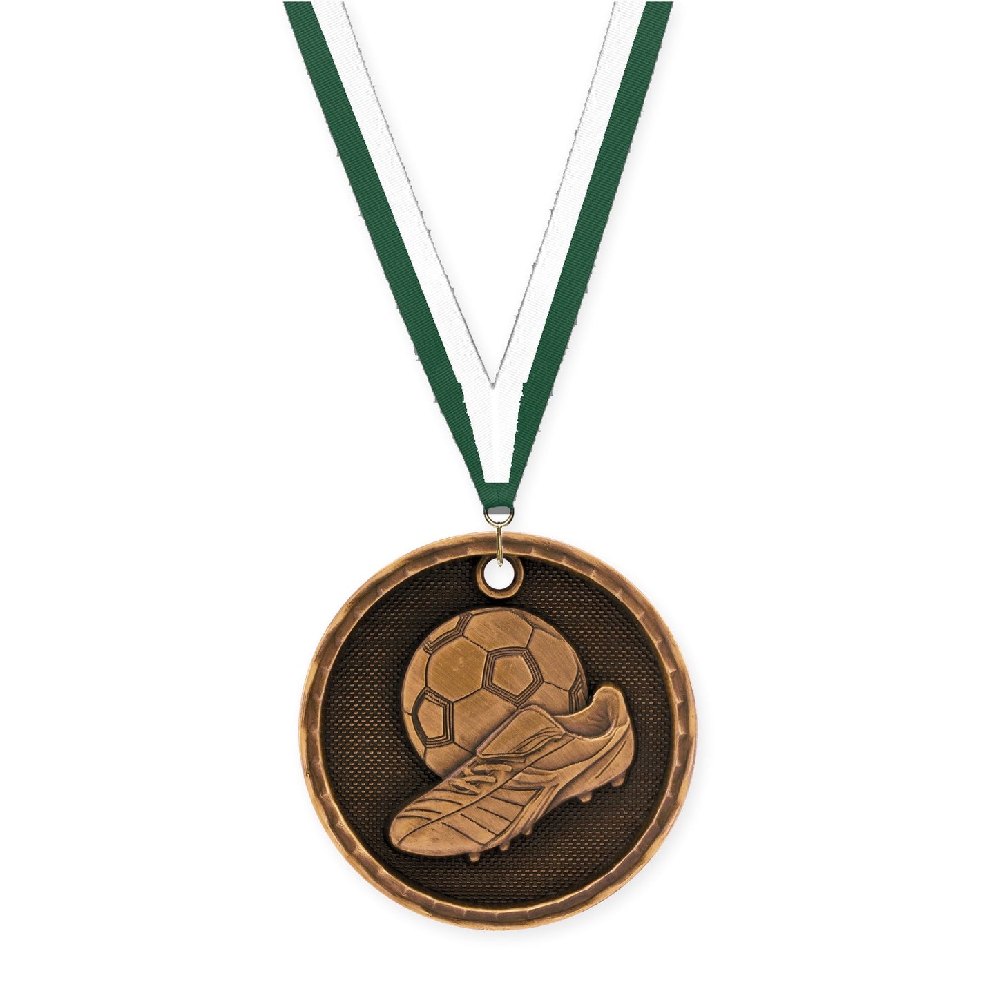 2 inch soccer 3-D medal in antique bronze with Hunter Green White neck ribbon