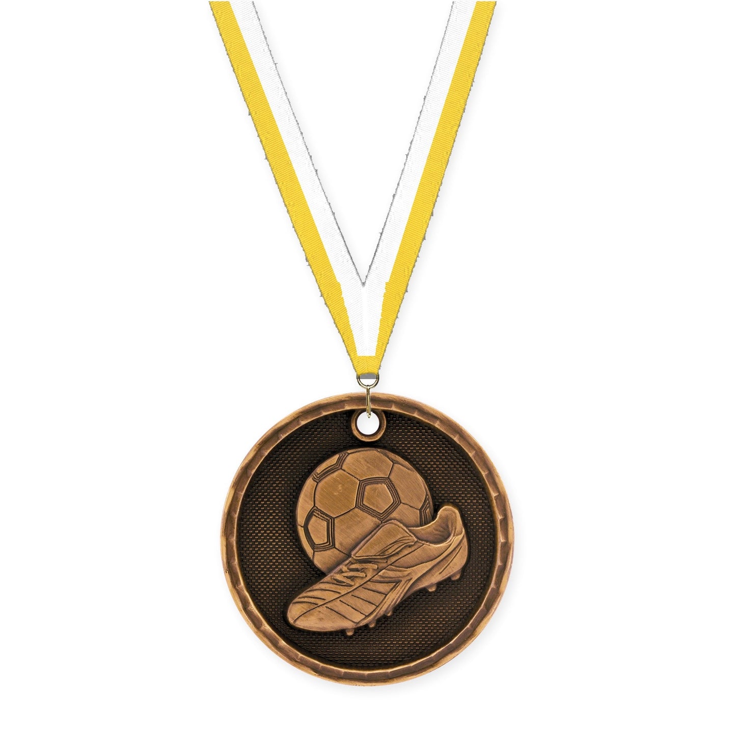 2 inch soccer 3-D medal in antique bronze with Yellow White neck ribbon