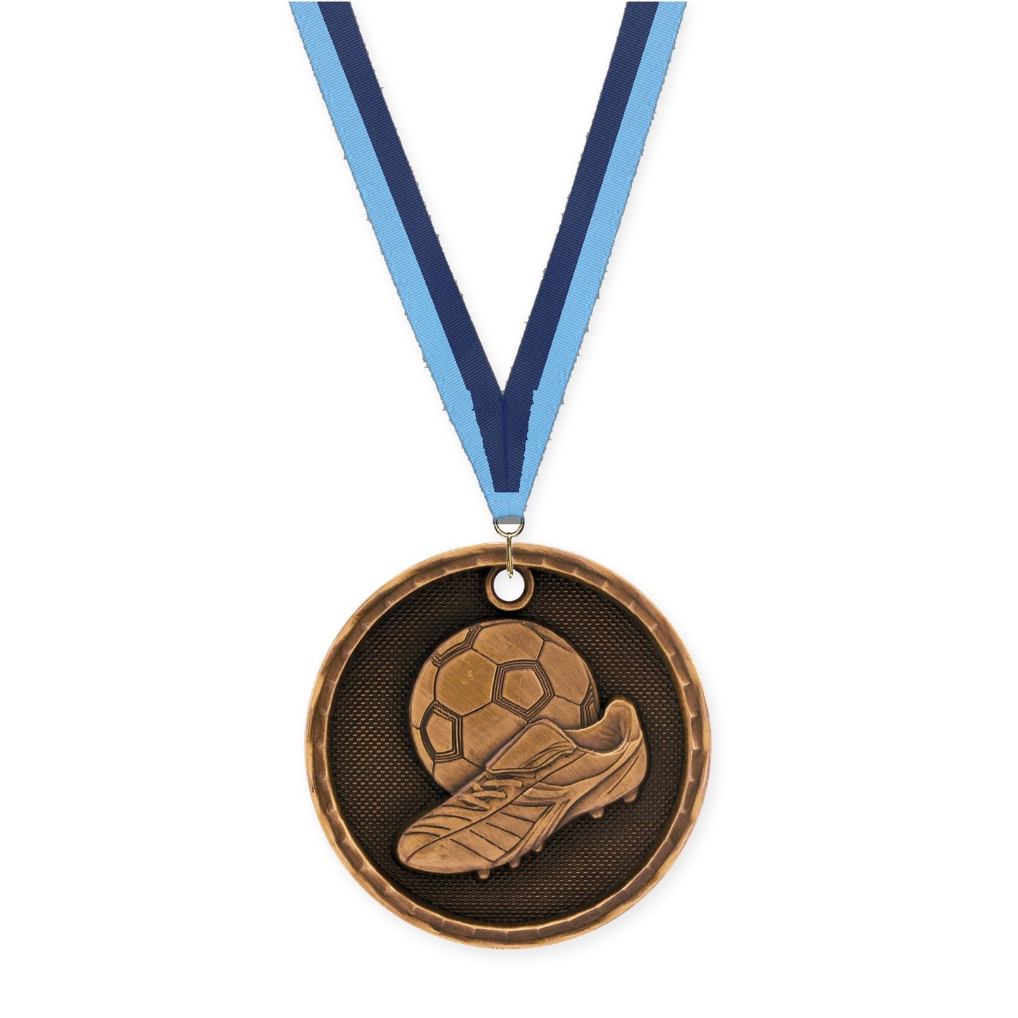 2 inch soccer 3-D medal in antique bronze with Light Blue Navy neck ribbon