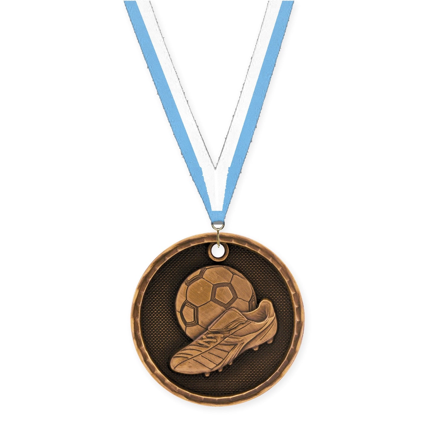 2 inch soccer 3-D medal in antique bronze with Light Blue White neck ribbon
