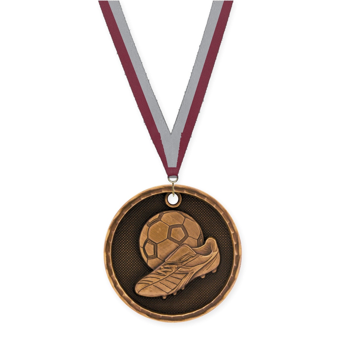 2 inch soccer 3-D medal in antique bronze with Maroon Gray neck ribbon