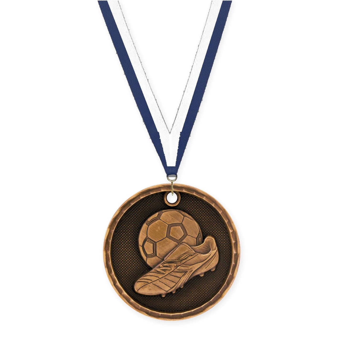 2 inch soccer 3-D medal in antique bronze with Navy White neck ribbon