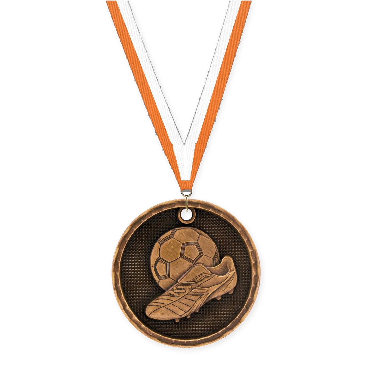 2 inch soccer 3-D medal in antique bronze with Orange White neck ribbon