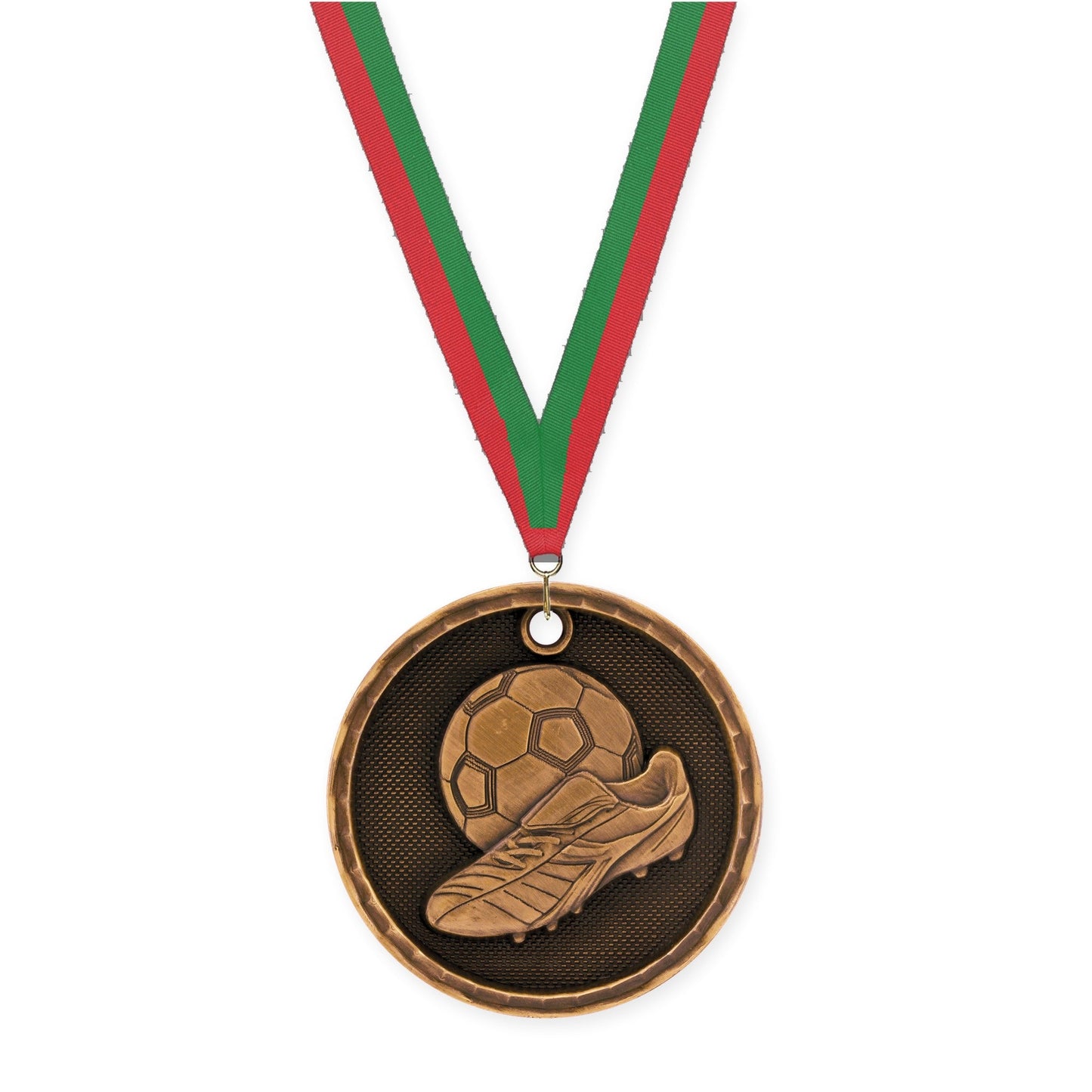 2 inch soccer 3-D medal in antique bronze with Red Green neck ribbon