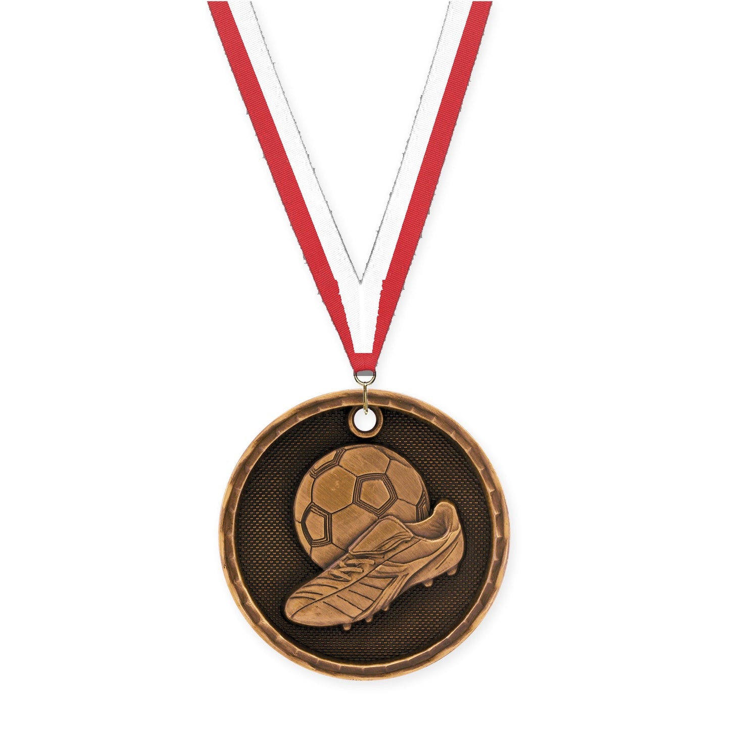 2 inch soccer 3-D medal in antique bronze with Red White neck ribbon