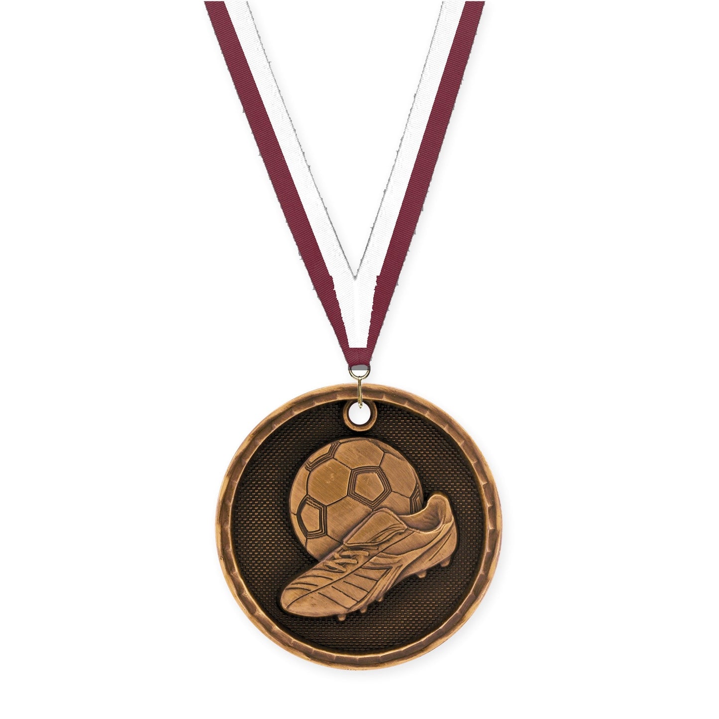 2 inch soccer 3-D medal in antique bronze with Maroon White neck ribbon