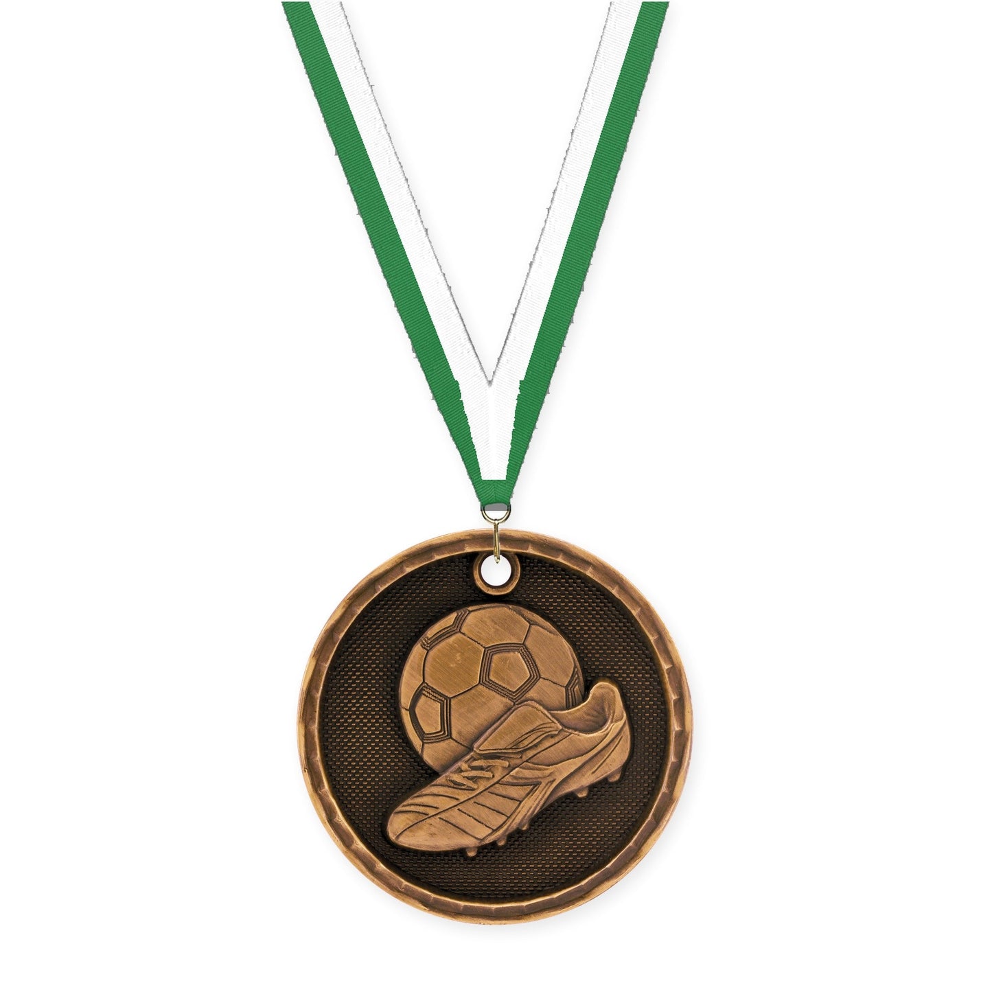 2 inch soccer 3-D medal in antique bronze with Green White neck ribbon