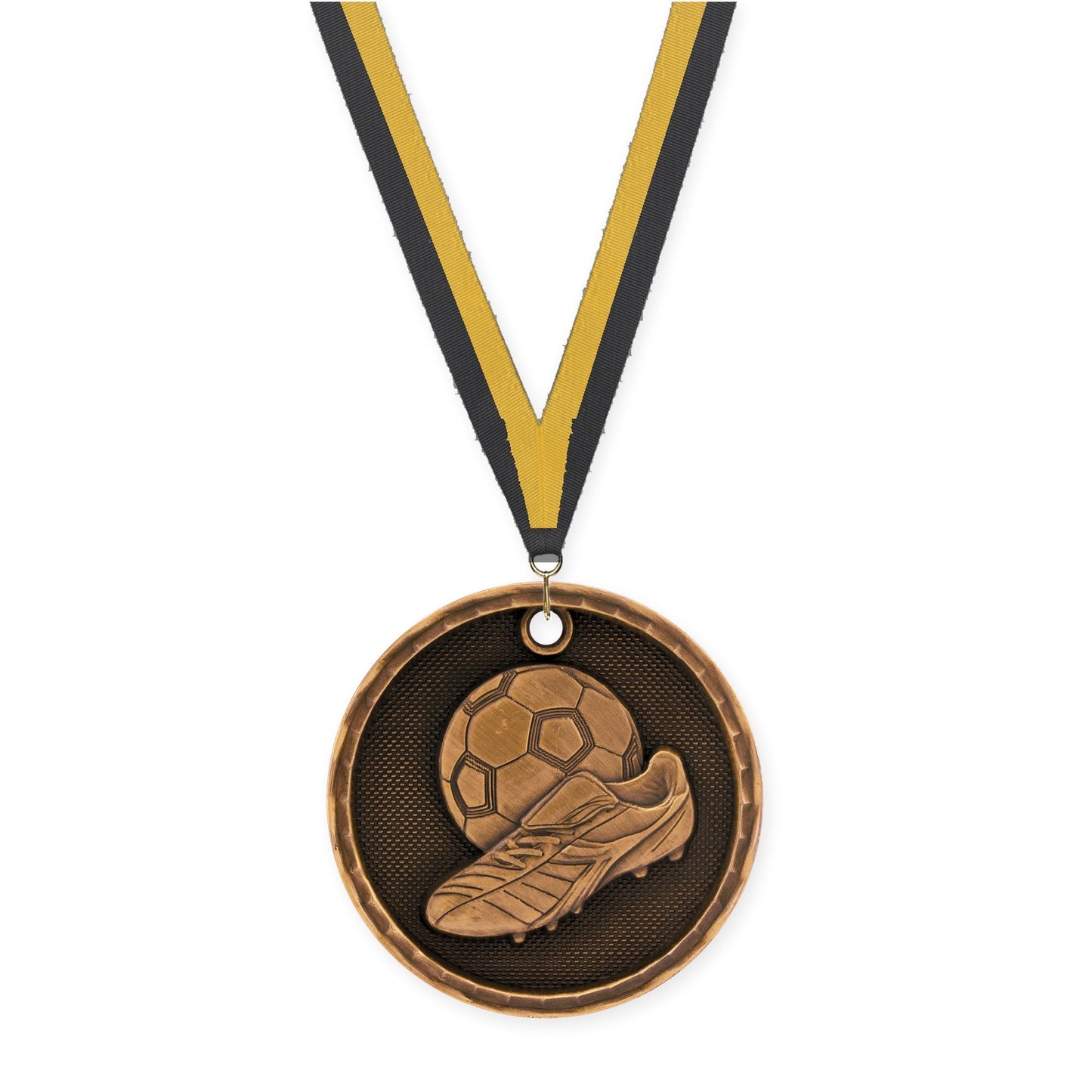 2 inch soccer 3-D medal in antique bronze with Black Gold neck ribbon