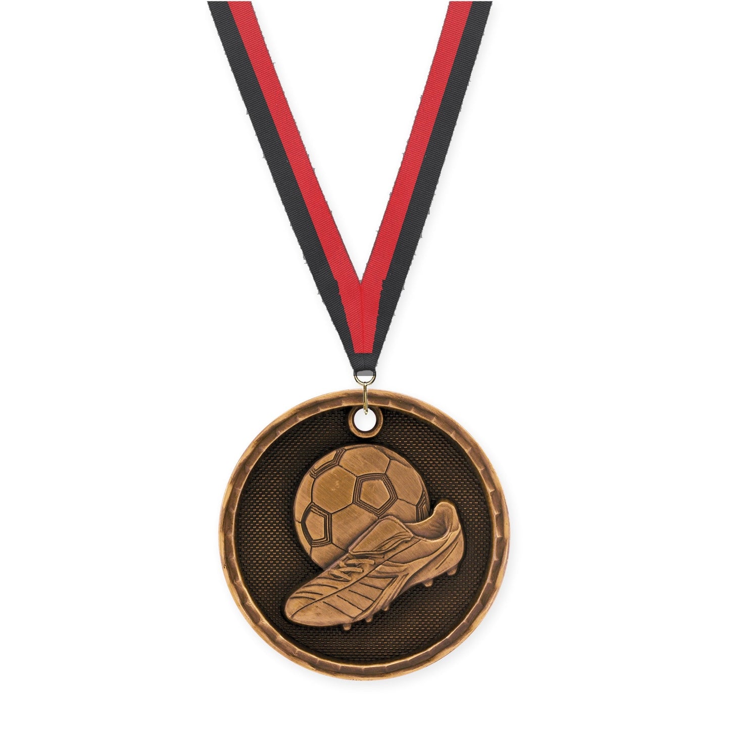 2 inch soccer 3-D medal in antique bronze with Black Red neck ribbon
