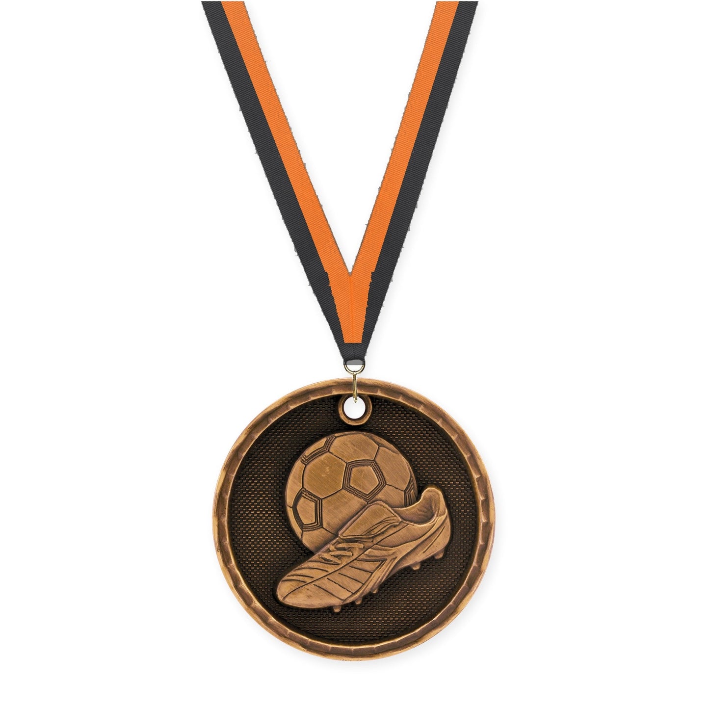 2 inch soccer 3-D medal in antique bronze with Black Orange neck ribbon