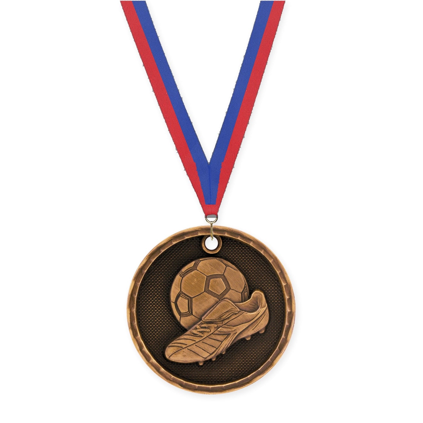 2 inch soccer 3-D medal in antique bronze with Blue Red neck ribbon
