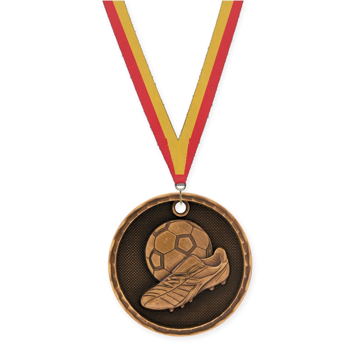 2 inch soccer 3-D medal in antique bronze with Red Gold neck ribbon