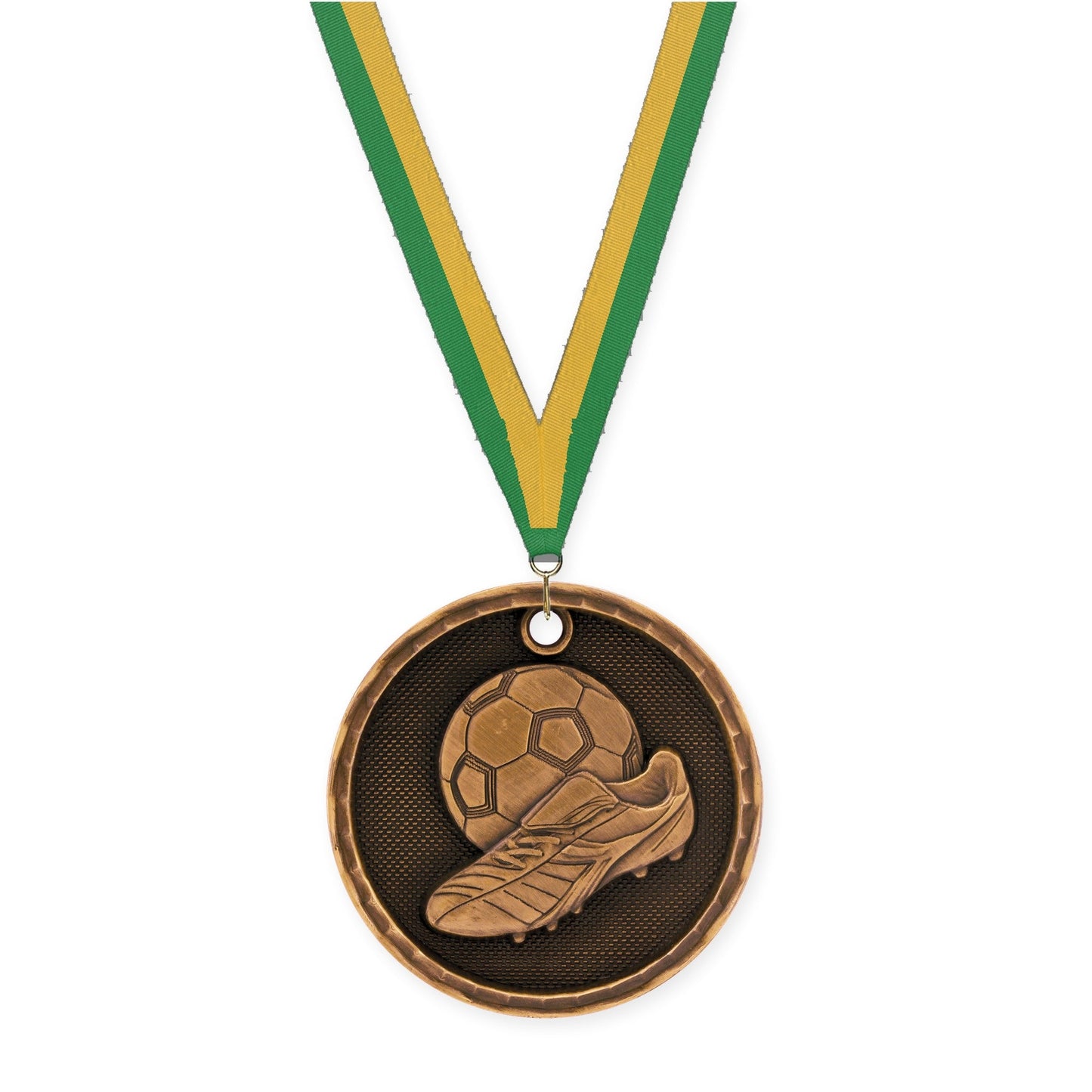 2 inch soccer 3-D medal in antique bronze with Green Gold neck ribbon