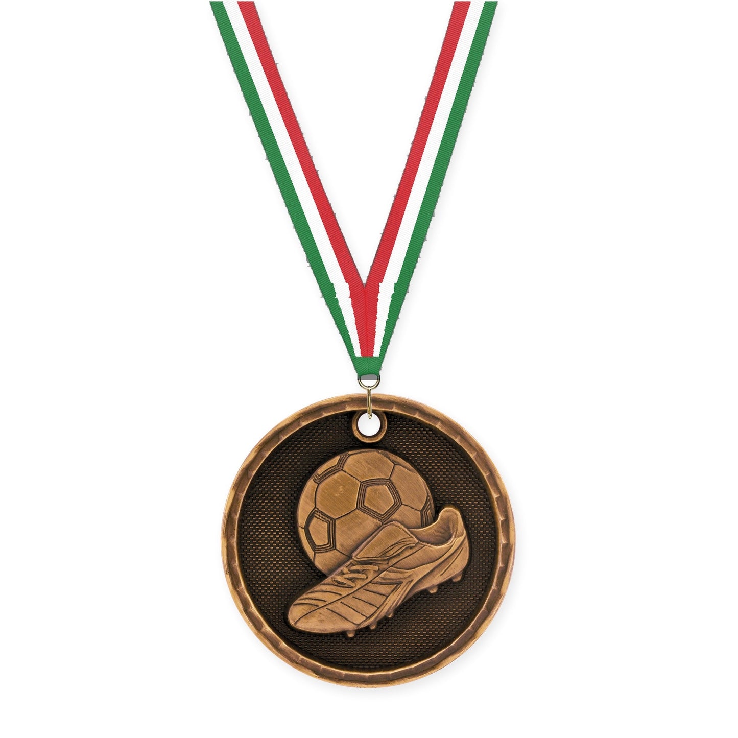 2 inch soccer 3-D medal in antique bronze with Green White Red neck ribbon