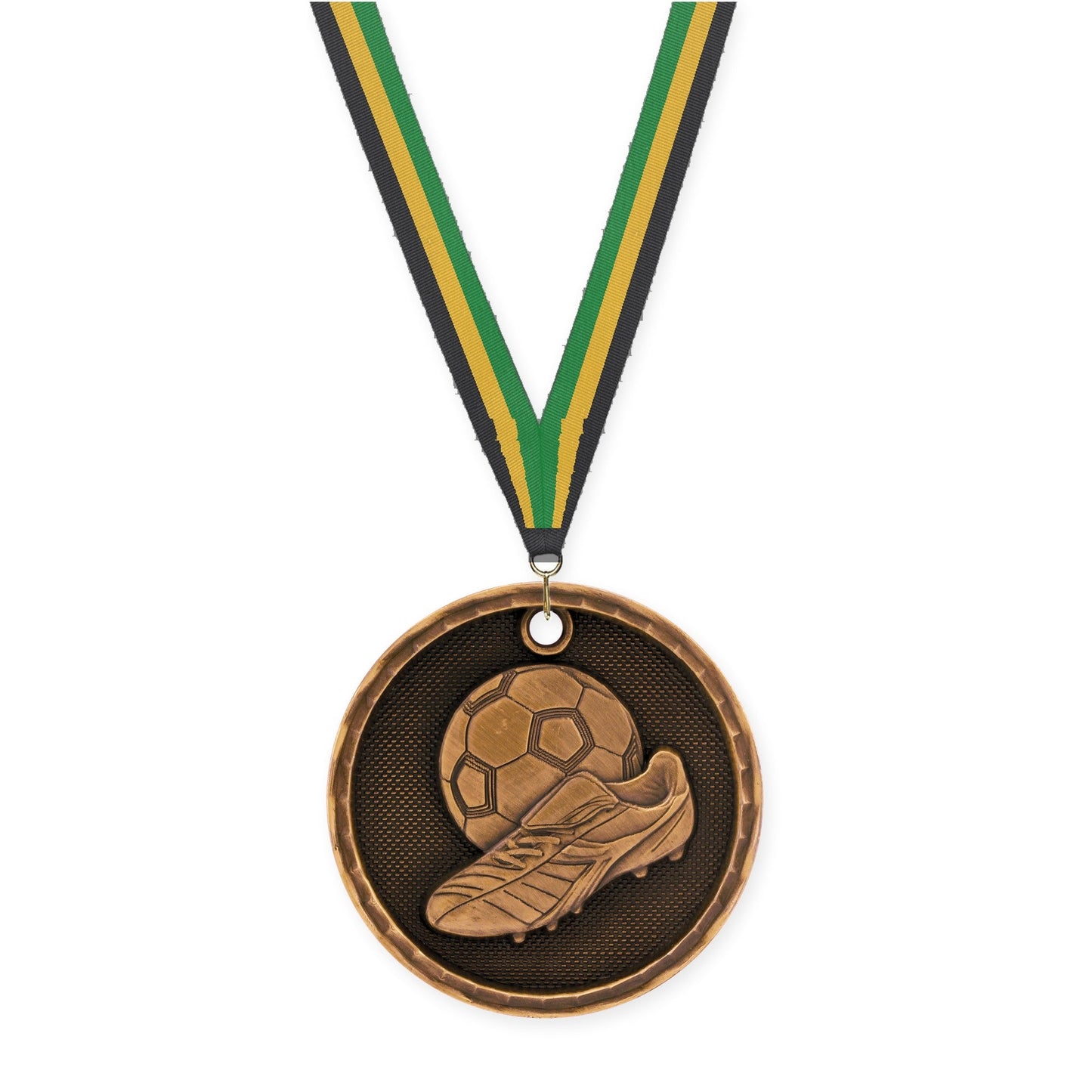2 inch soccer 3-D medal in antique bronze with Black Gold Green neck ribbon
