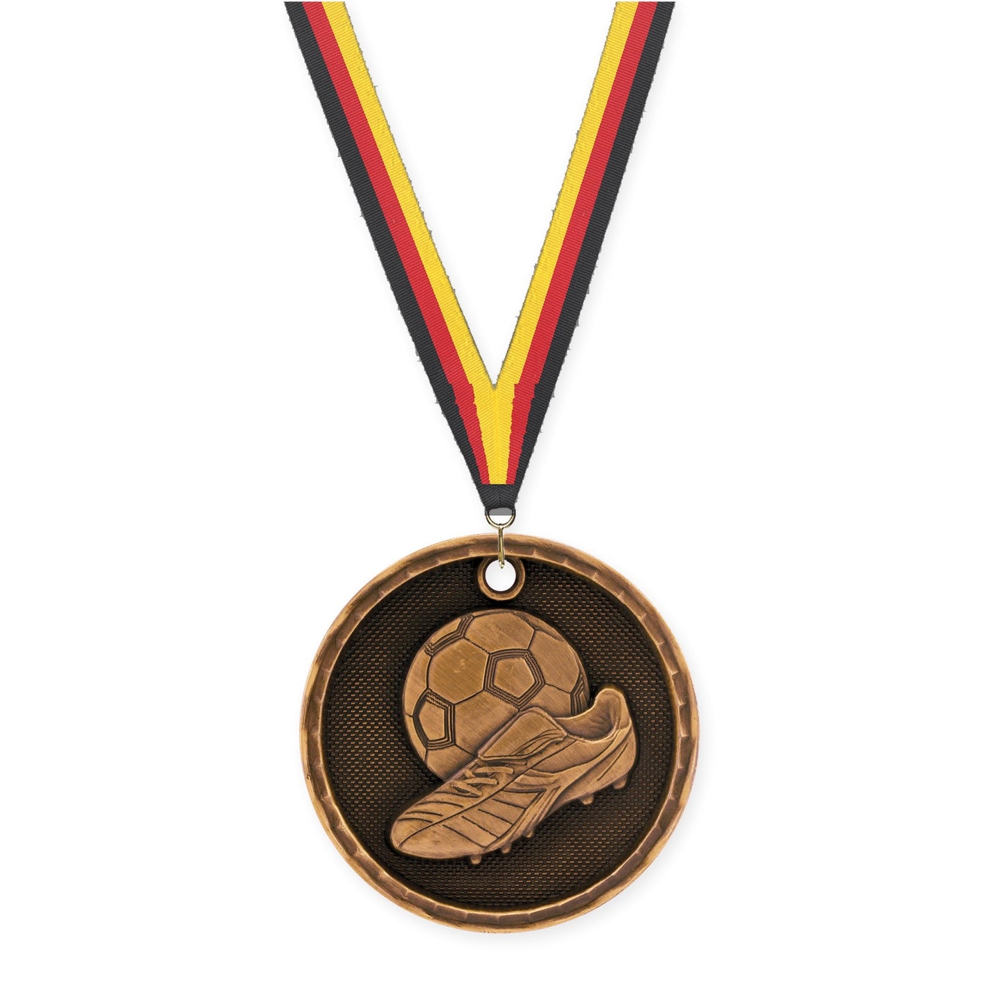 2 inch soccer 3-D medal in antique bronze with Black Red Yellow neck ribbon