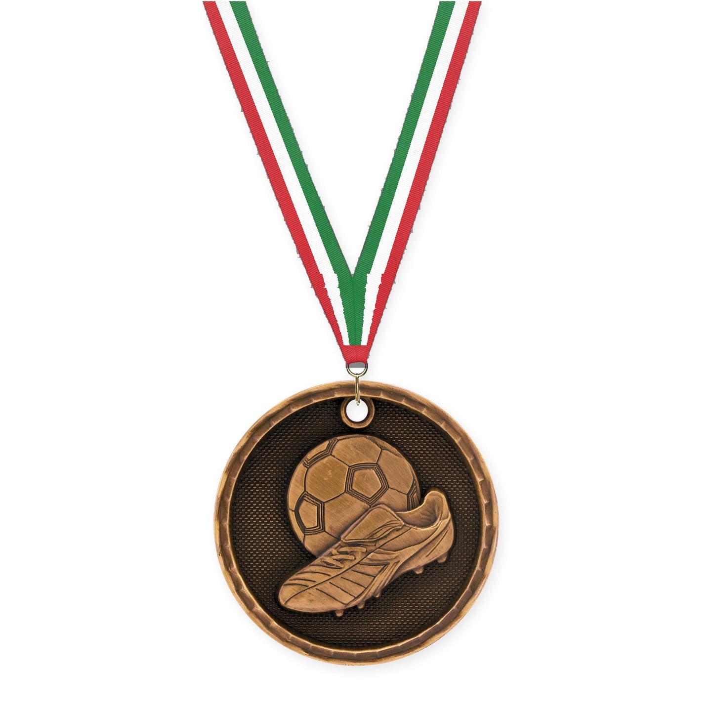 2 inch soccer 3-D medal in antique bronze with Red White Green neck ribbon
