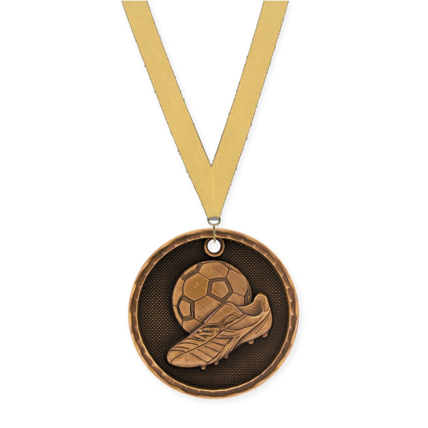 2 inch soccer 3-D medal in antique bronze with Gold Metallic neck ribbon
