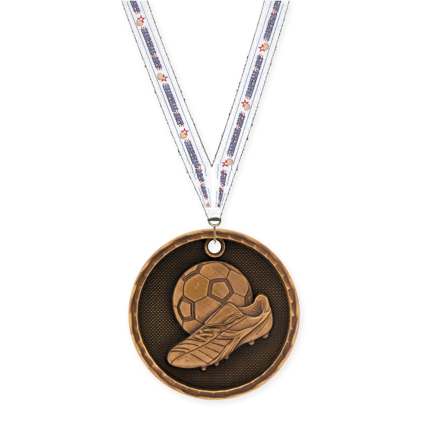 2 inch soccer 3-D medal in antique bronze with Martial Arts neck ribbon