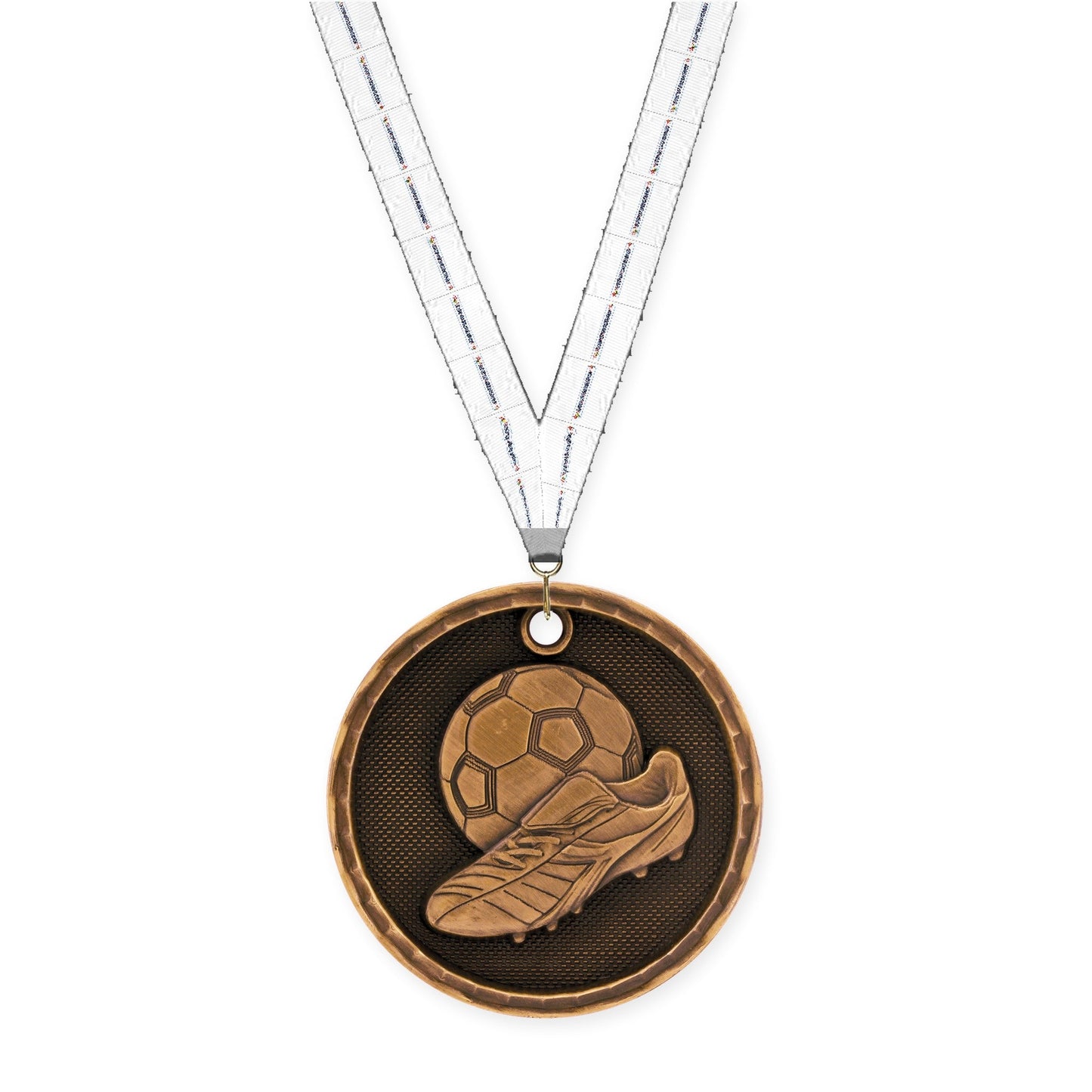 2 inch soccer 3-D medal in antique bronze with Lamp Of Knowledge neck ribbon