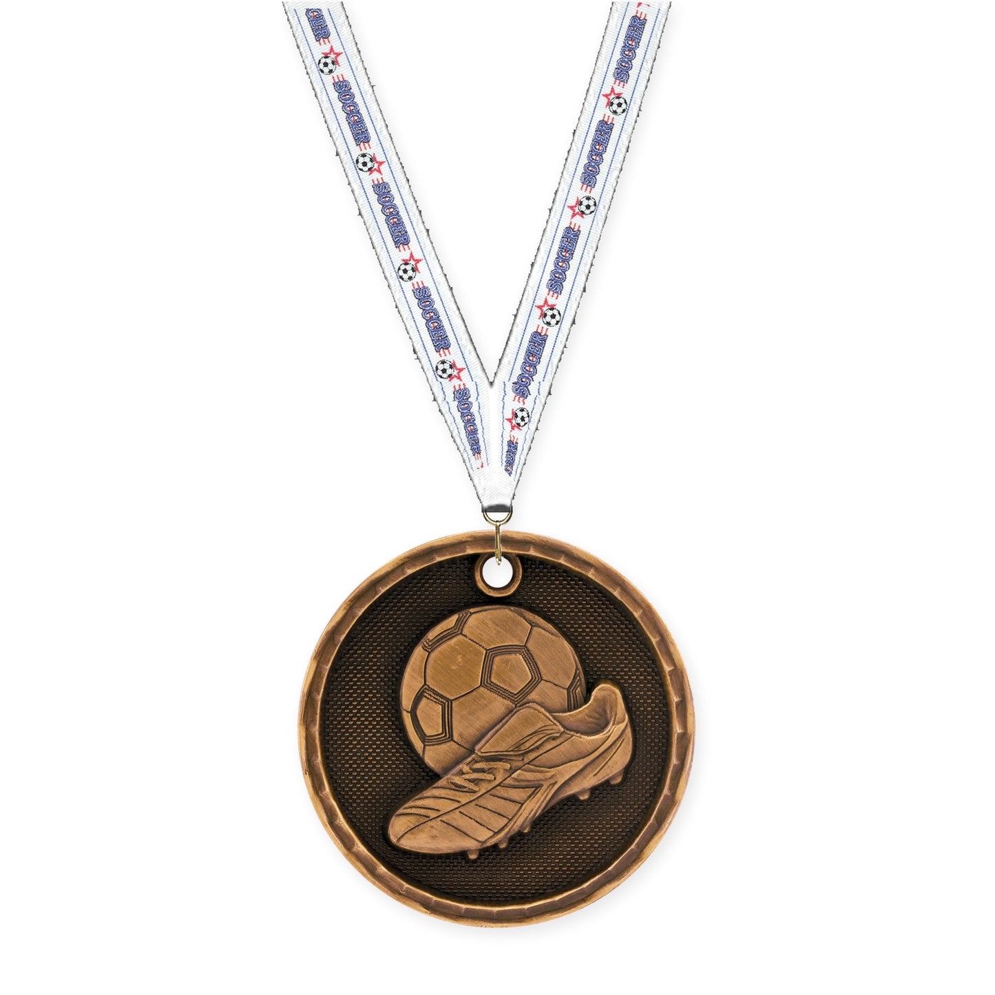 2 inch soccer 3-D medal in antique bronze with Soccer neck ribbon