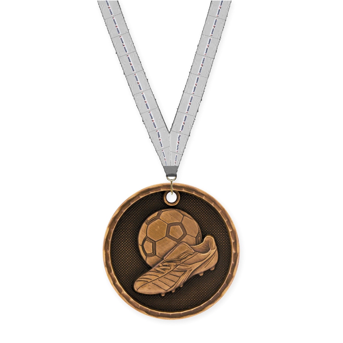 2 inch soccer 3-D medal in antique bronze with Auto Racing neck ribbon