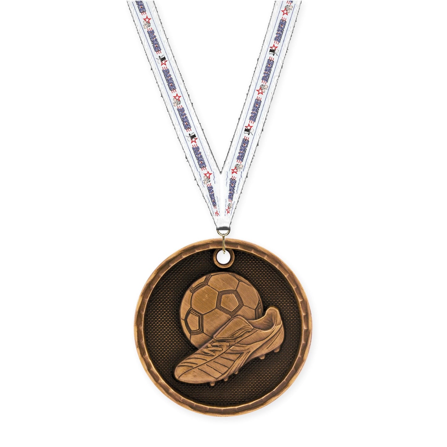 2 inch soccer 3-D medal in antique bronze with Dance neck ribbon