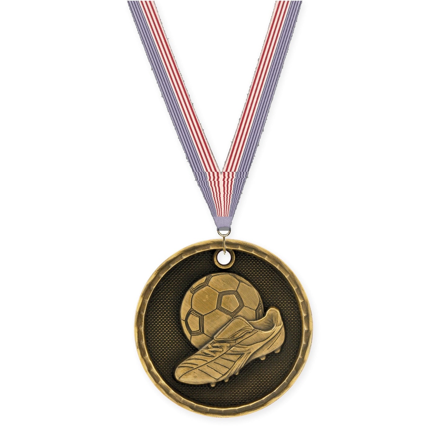 2 inch soccer 3-D medal in antique gold with USA Flag neck ribbon