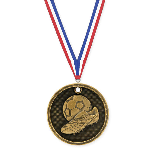 2 inch soccer 3-D medal in antique gold with Red White Blue neck ribbon