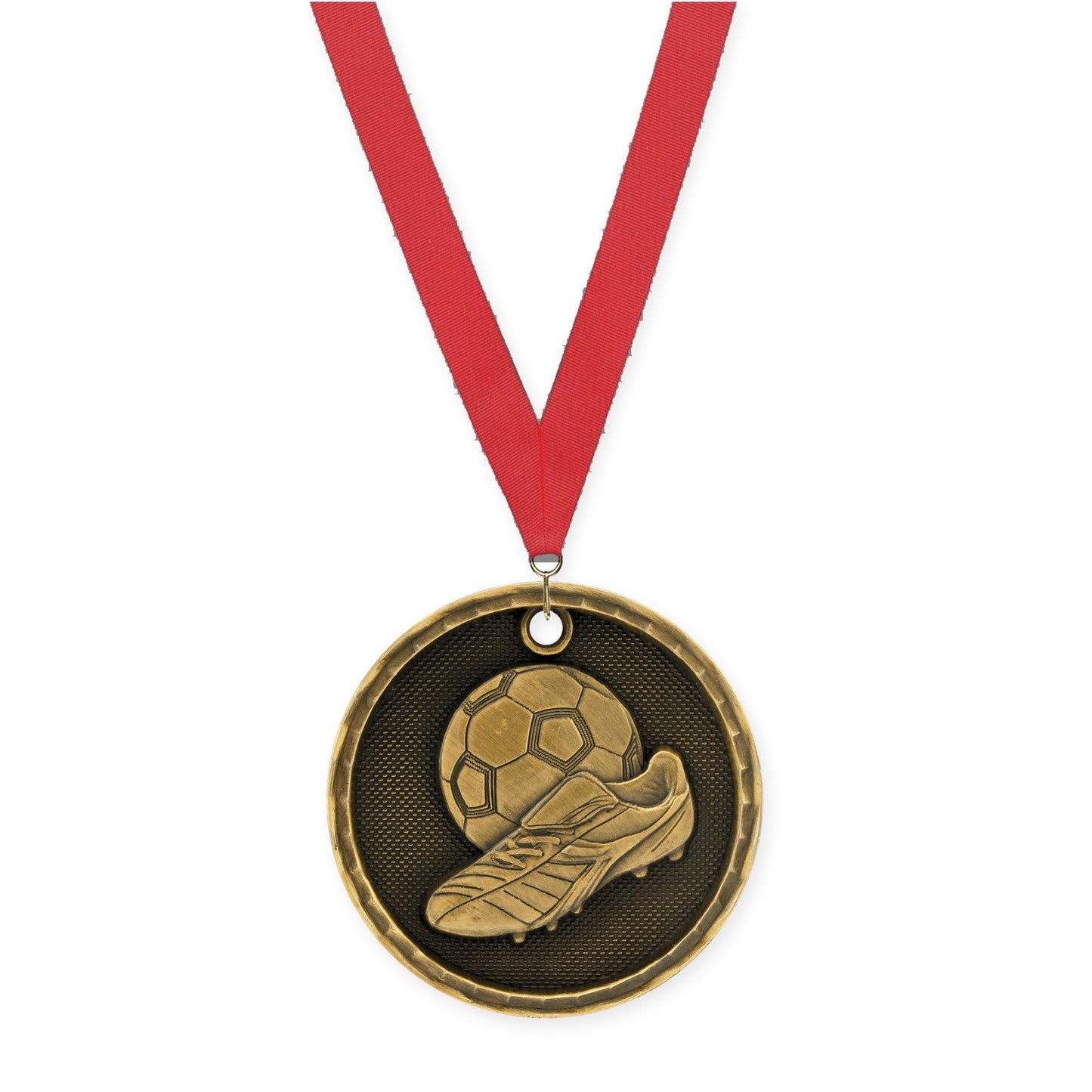 2 inch soccer 3-D medal in antique gold with Red neck ribbon