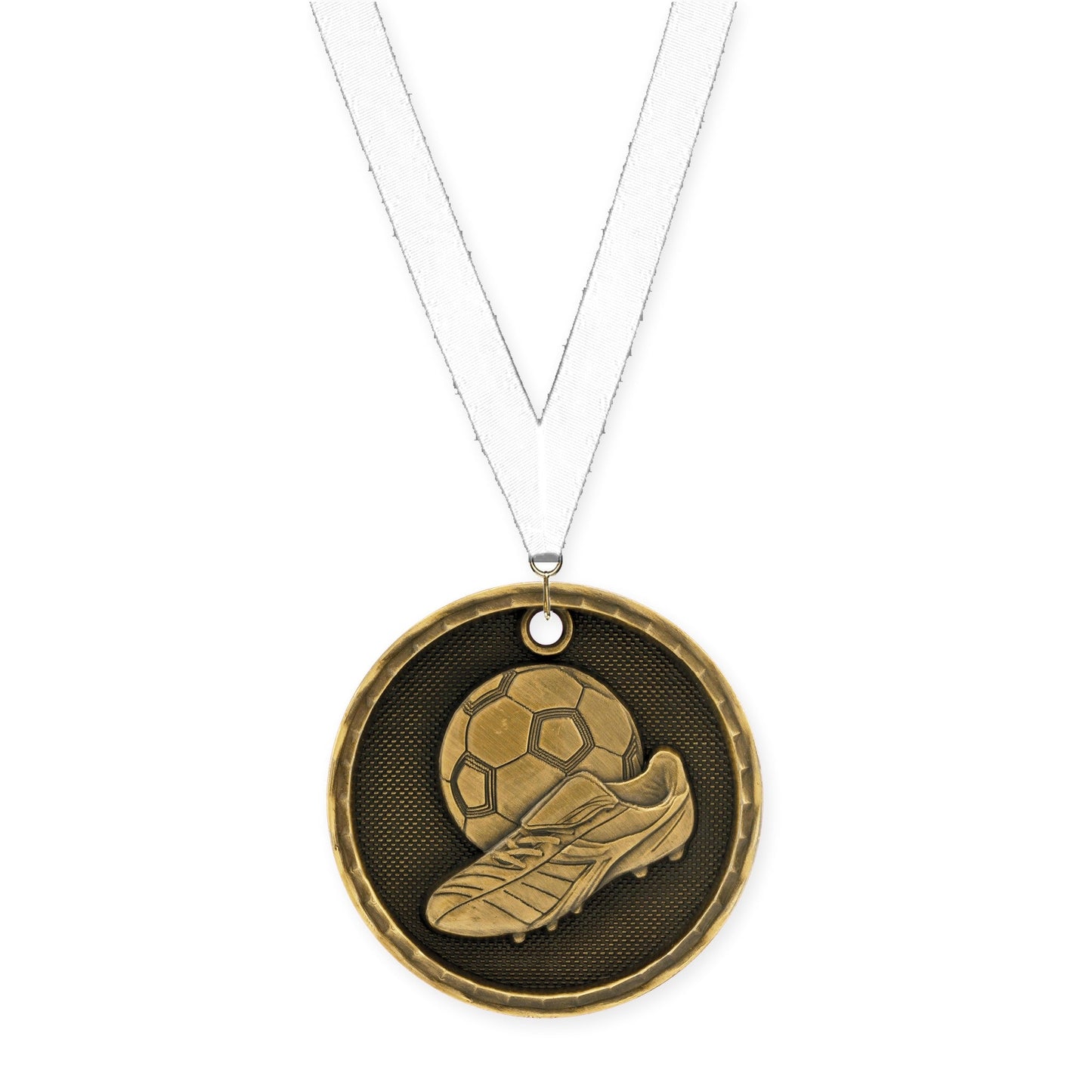 2 inch soccer 3-D medal in antique gold with White neck ribbon