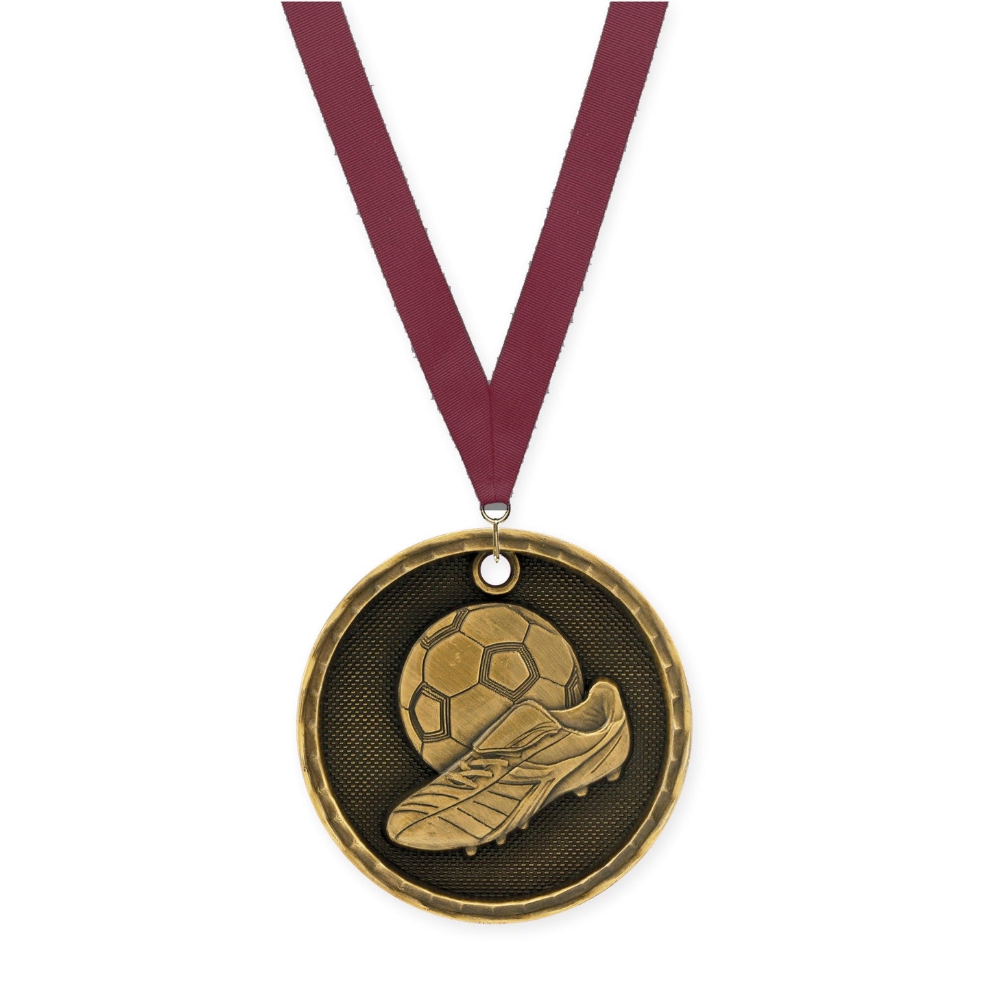2 inch soccer 3-D medal in antique gold with Maroon neck ribbon