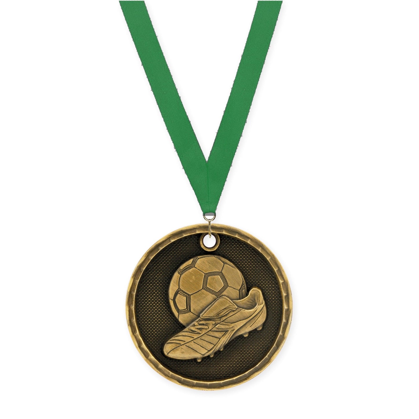 2 inch soccer 3-D medal in antique gold with Green neck ribbon