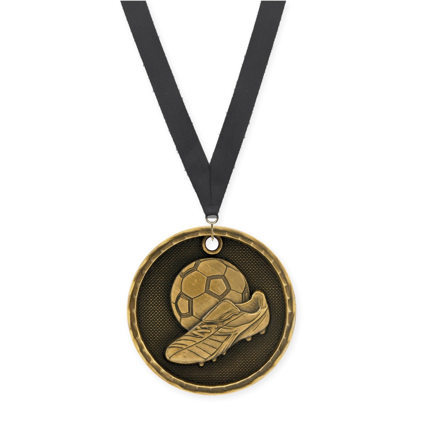 2 inch soccer 3-D medal in antique gold with Black neck ribbon