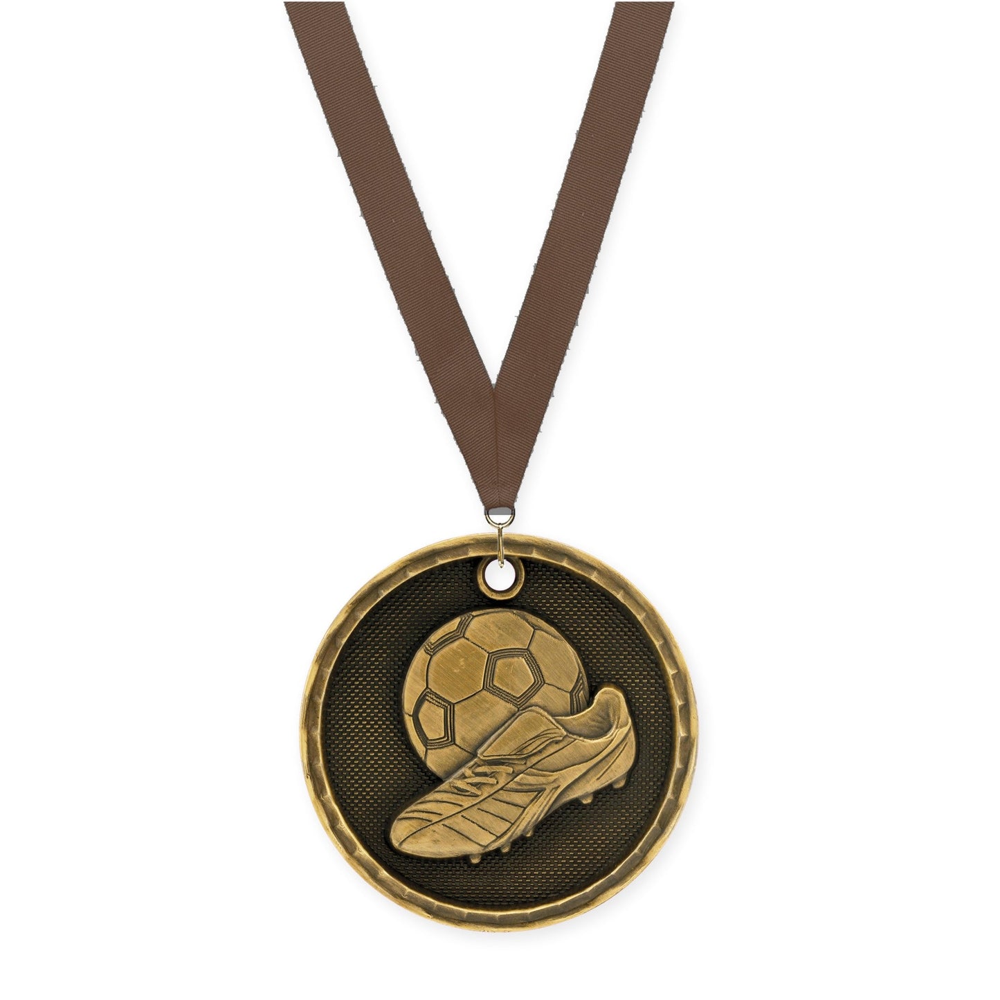 2 inch soccer 3-D medal in antique gold with Brown neck ribbon
