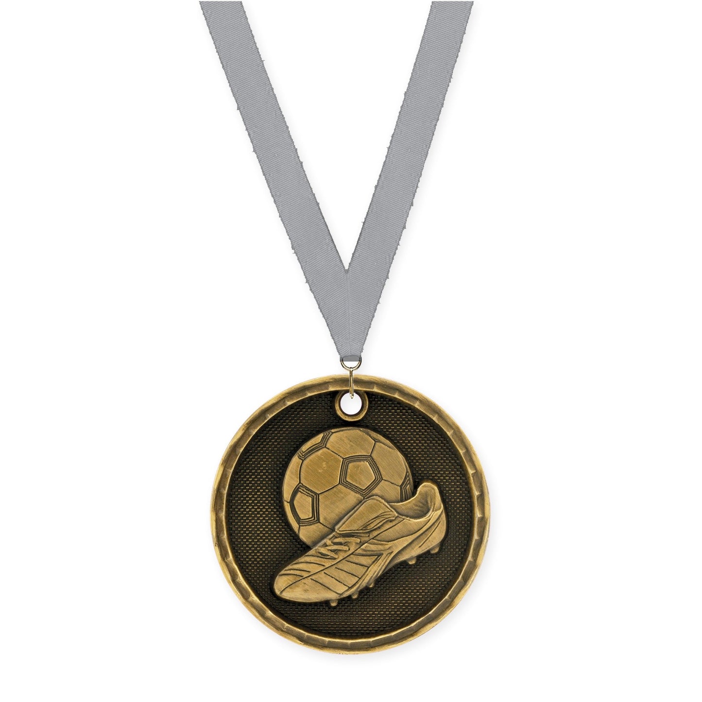 2 inch soccer 3-D medal in antique gold with Gray neck ribbon