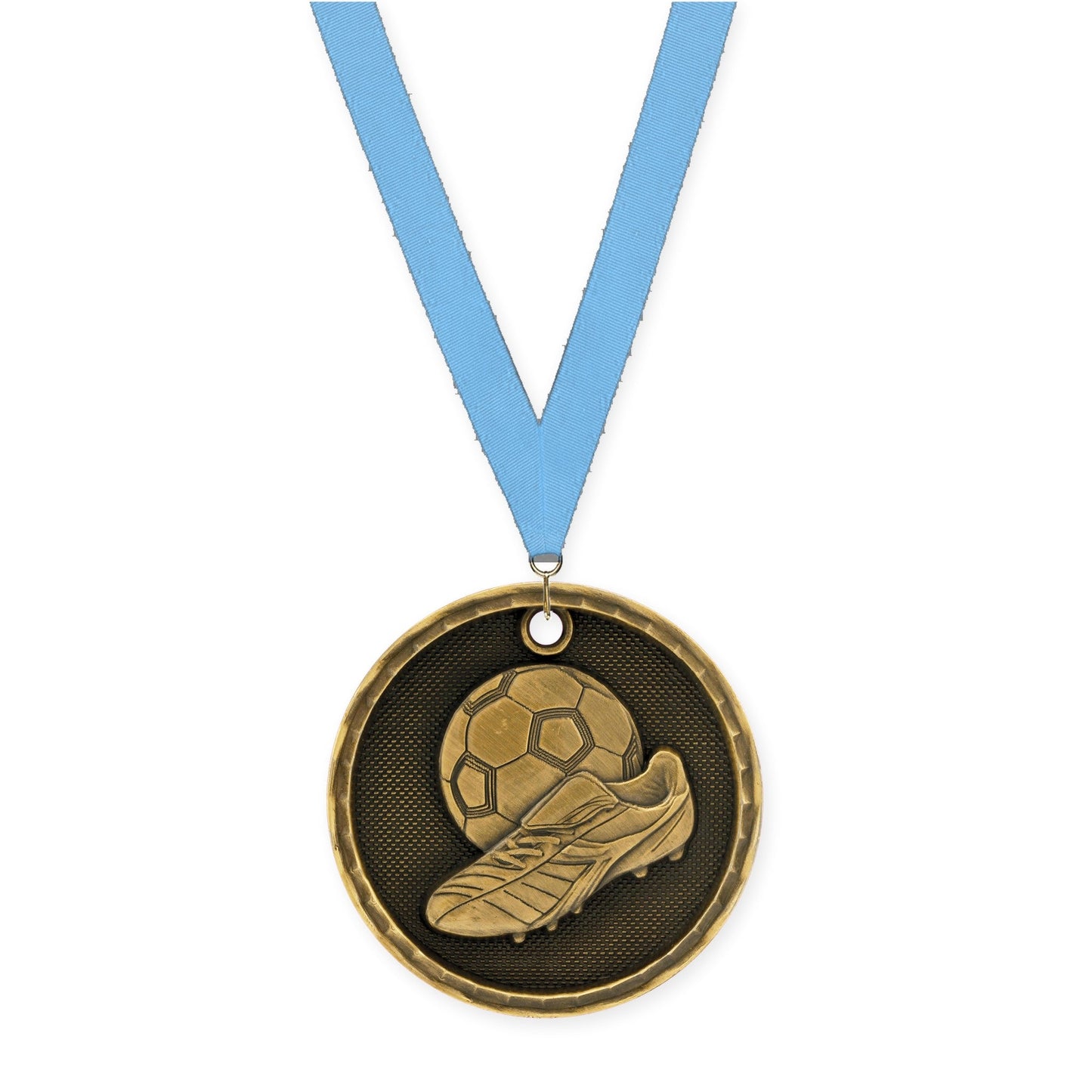 2 inch soccer 3-D medal in antique gold with Light Blue neck ribbon