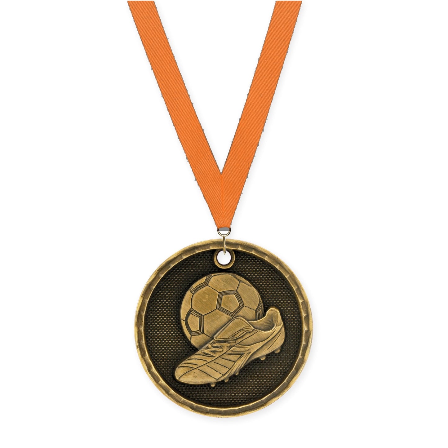 2 inch soccer 3-D medal in antique gold with Orange neck ribbon