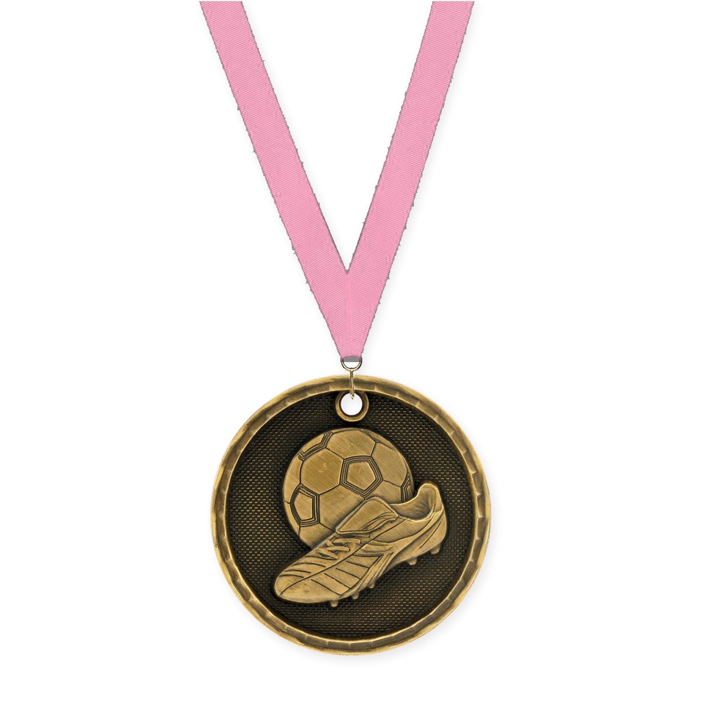 2 inch soccer 3-D medal in antique gold with Pink neck ribbon