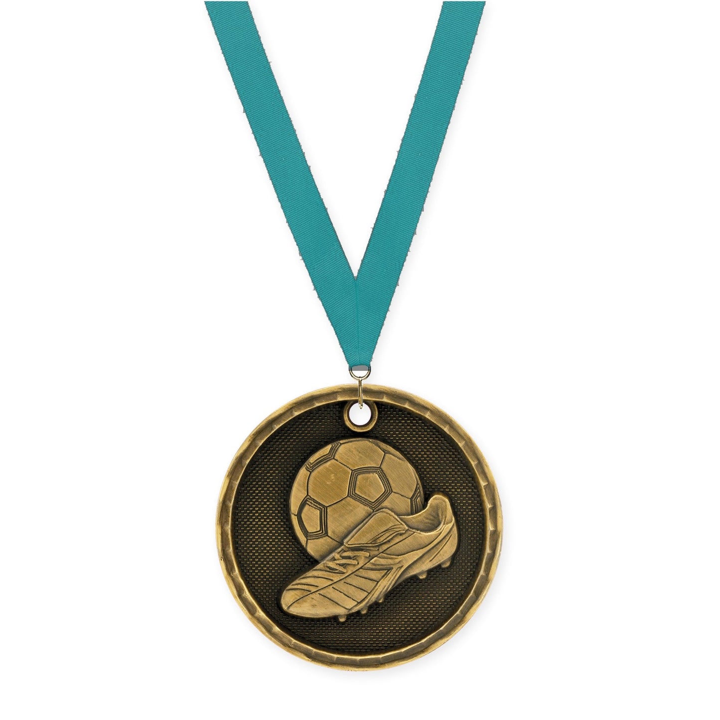 2 inch soccer 3-D medal in antique gold with Teal neck ribbon