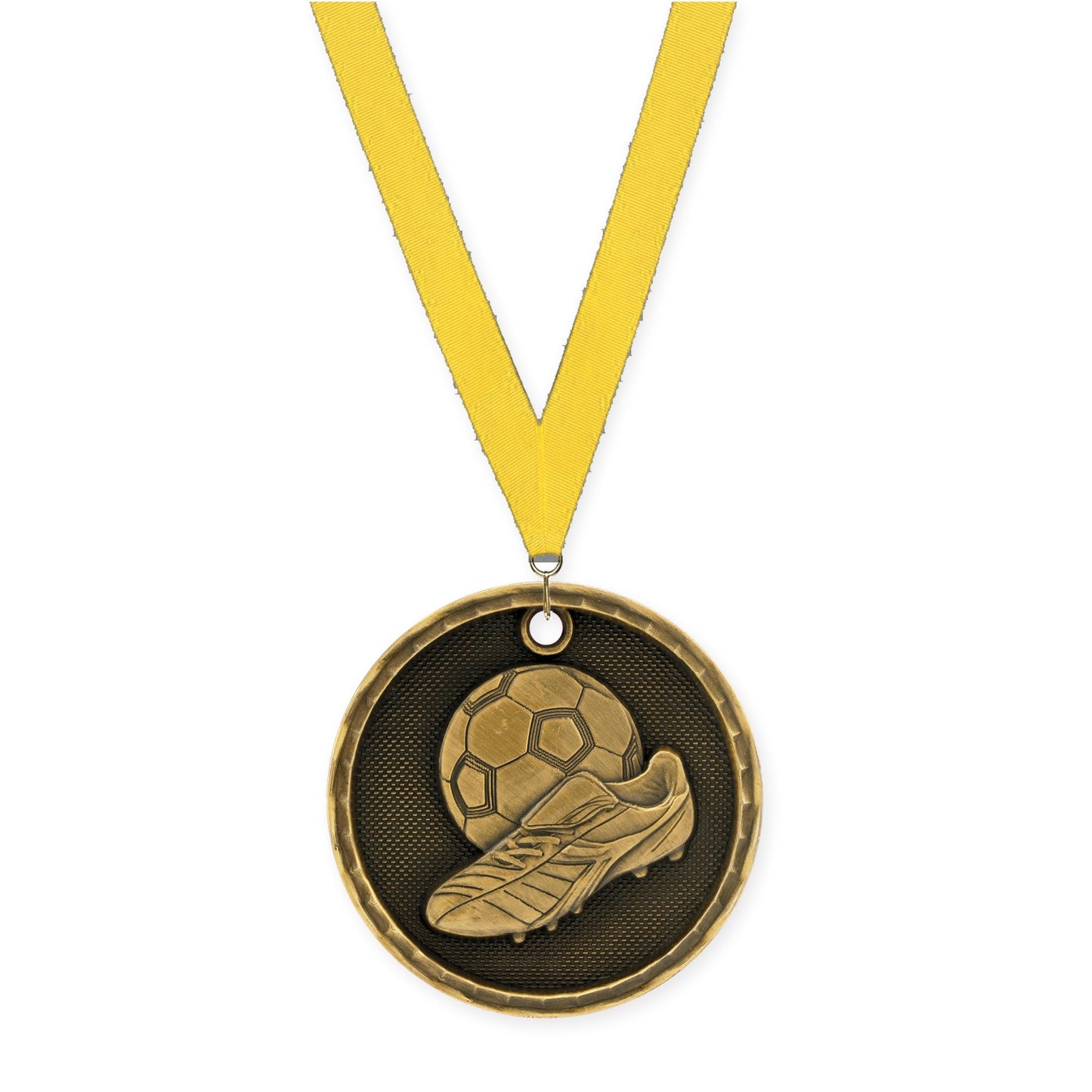 2 inch soccer 3-D medal in antique gold with Yellow neck ribbon