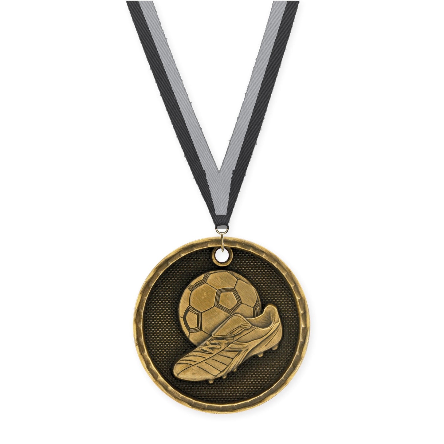 2 inch soccer 3-D medal in antique gold with Black Gray neck ribbon