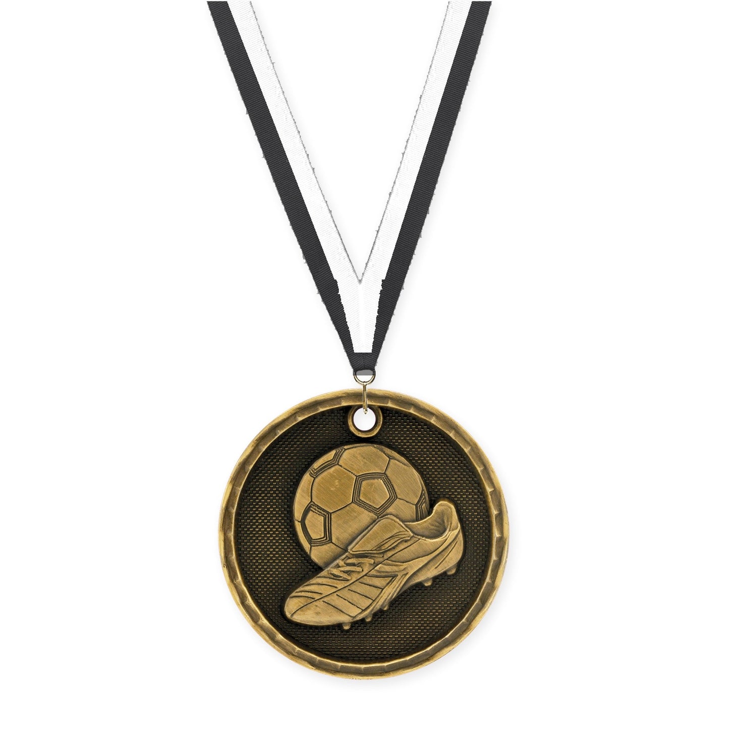 2 inch soccer 3-D medal in antique gold with Black White neck ribbon