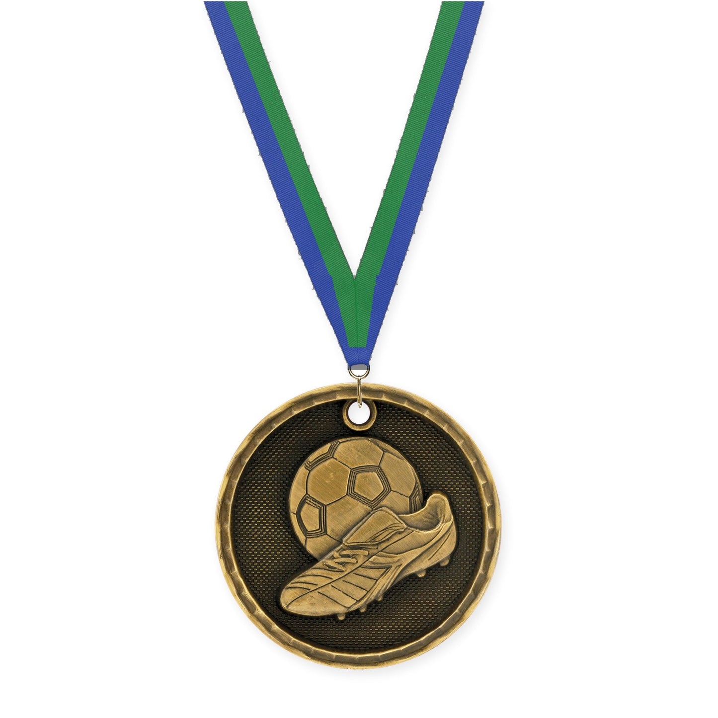2 inch soccer 3-D medal in antique gold with Blue Green neck ribbon